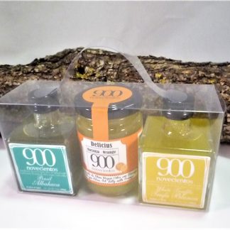 Pack regalo con Mermelada de AOVE con naranja y aromatizados de AOVE de trufa blanca y albahaca.