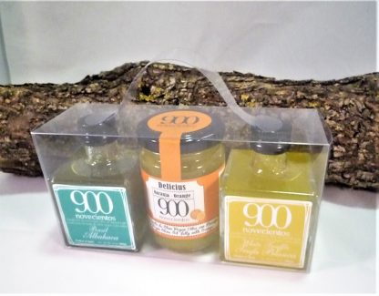 Pack regalo con Mermelada de AOVE con naranja y aromatizados de AOVE de trufa blanca y albahaca.